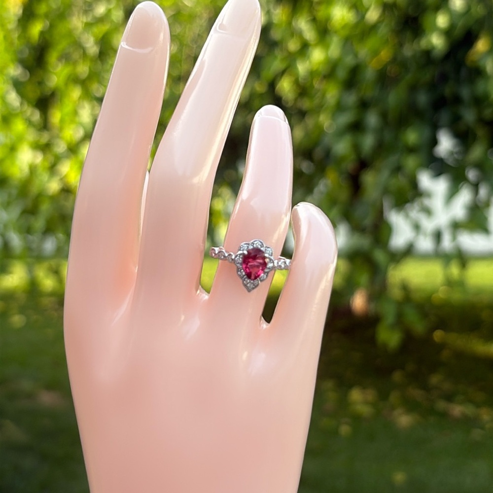 Pear Cut 1.25 tcw Genuine Ruby & Diamond Ring Sterling Silver Size 7 - Picture 6 of 14